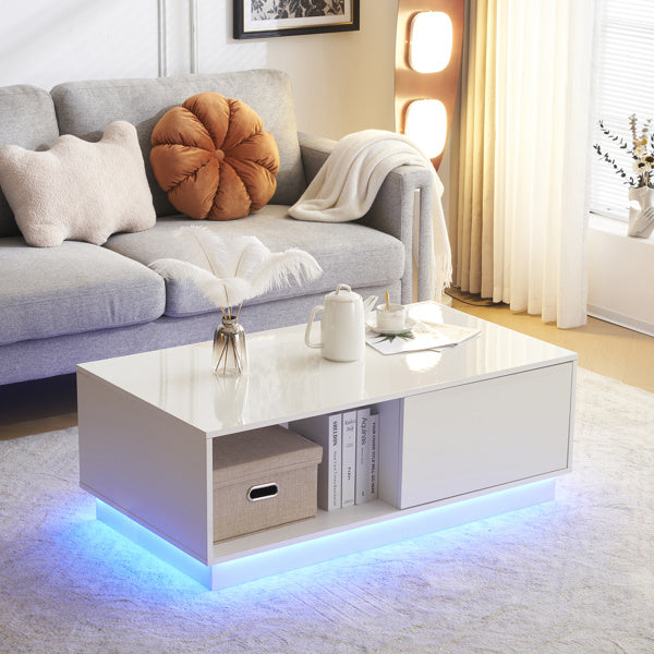 Modern LED Coffee Table with 2 Drawers and 16 Colors LED Lights, High Glossy Rectangle Coffee End Table for Living Room, White