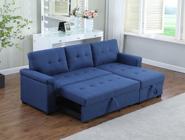 Lucca 84" Blue Linen Reversible Sleeper Sectional Sofa with Storage Chaise