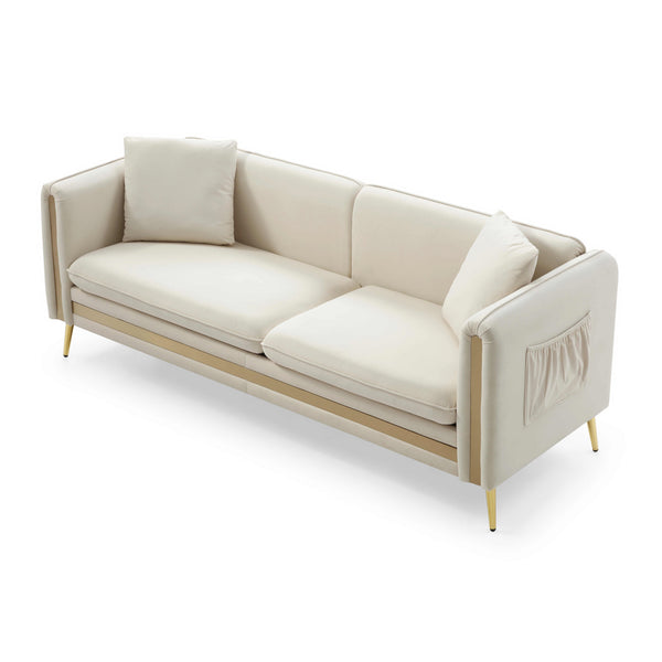 77.2' Modern Upholstered Velvet Sofa 3 Seater Couch with Removable Cushions Side Pocket Mid-Century Tufted Living Room Set Gold Metal Legs,2 Pillows Included