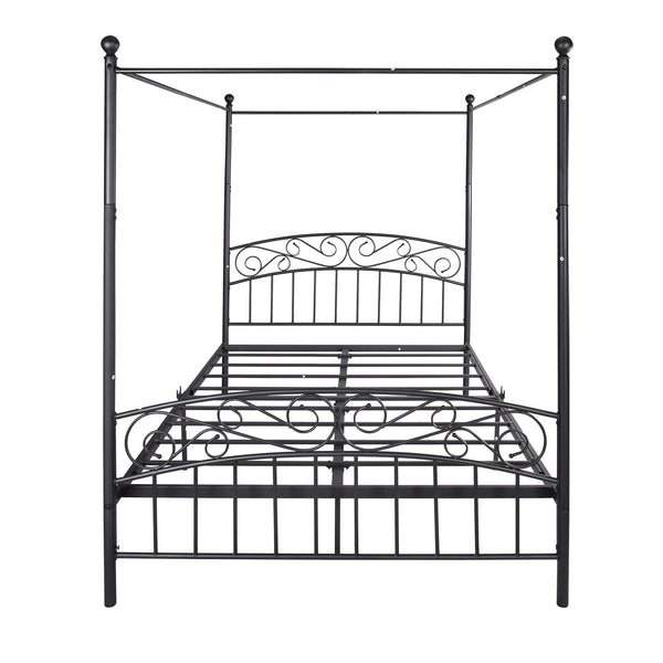 Metal Canopy Bed Frame with Ornate European Style Headboard &amp; Footboard Sturdy Steel Holds 600lbs Perfectly Fits Your Mattress Easy DIY Assembly All Parts Included, Queen Black