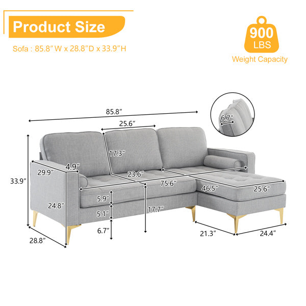 218*141*87cm Burlap Diamond Electroplated Gold Trident Legs Three Seats With Footstool Indoor Modular Sofa Light Gray