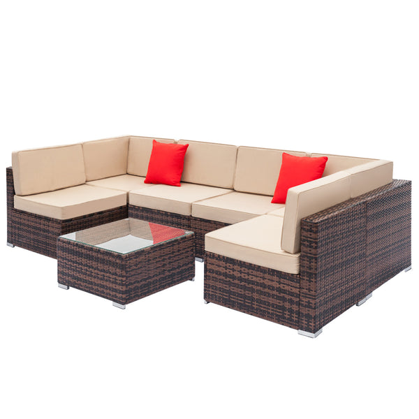 Outdoor Fully Equipped Weaving Rattan Sofa Set with 2pcs Corner Sofas & 4pcs Single Sofas & 1 pcs Coffee Table XH