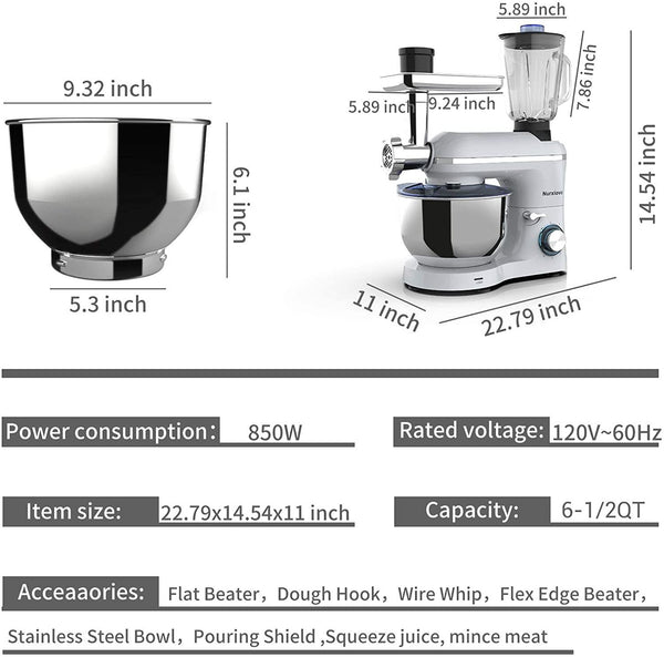 Nurxiovo 3 in 1 Stand Mixer, 850W 6.5QT Kitchen Food Mixer with Tilt-Head 6 Speed, Electric Standing Mixers with Dough Hook, Whisk, Beater, Meat Blender and Juice Extracter, Silver