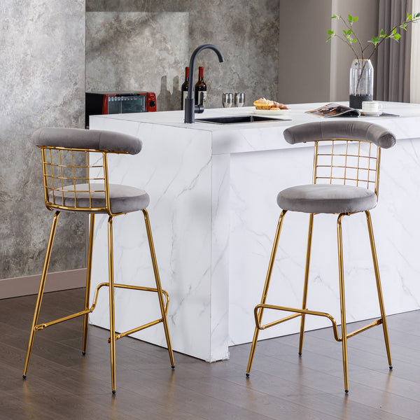 Bar Stool Set of 2, Luxury Velvet High Bar Stool with Metal Legs and Soft Back, Pub Stool Chairs Armless Modern Kitchen High Dining Chairs with Metal Legs