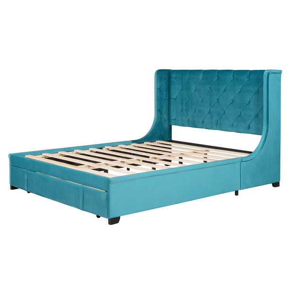 Queen Size Storage Bed Velvet Upholstered Platform Bed with Wingback Headboard and a Big Drawer (Blue)