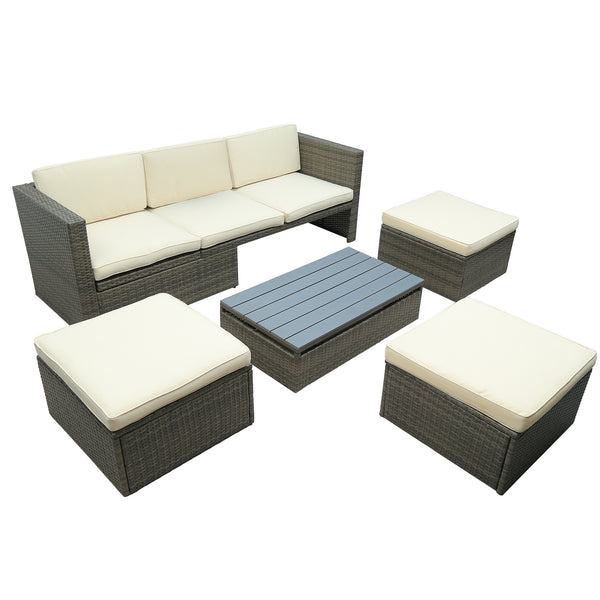 Patio Furniture Sets;  5-Piece Patio Wicker Sofa with Adustable Backrest;  Cushions;  Ottomans and Lift Top Coffee Table