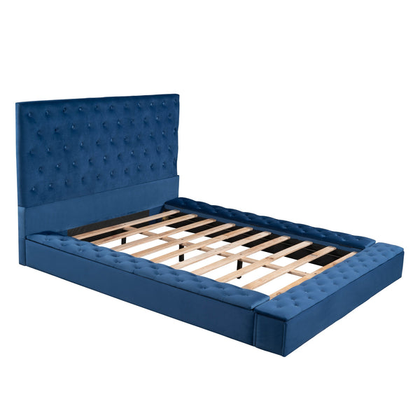 Queen Size Upholstery Low Profile Storage Platform Bed with Storage Space on both Sides and Footboard; Blue