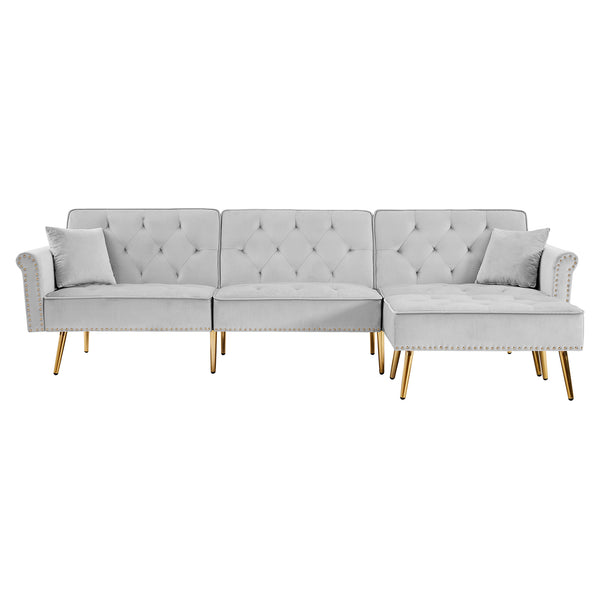 Modern Velvet Upholstered Reversible Sectional Sofa Bed ; L-Shaped Couch with Movable Ottoman and Nailhead Trim For Living Room. (Light Grey)