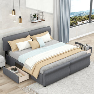 King Size Upholstery Platform Bed with Two Drawers; Gray