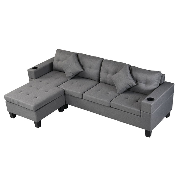 Sectional Sofa Set for Living Room with L Shape Chaise Lounge ,cup holder and Left or Right Hand Chaise Modern 4 Seat (Grey)