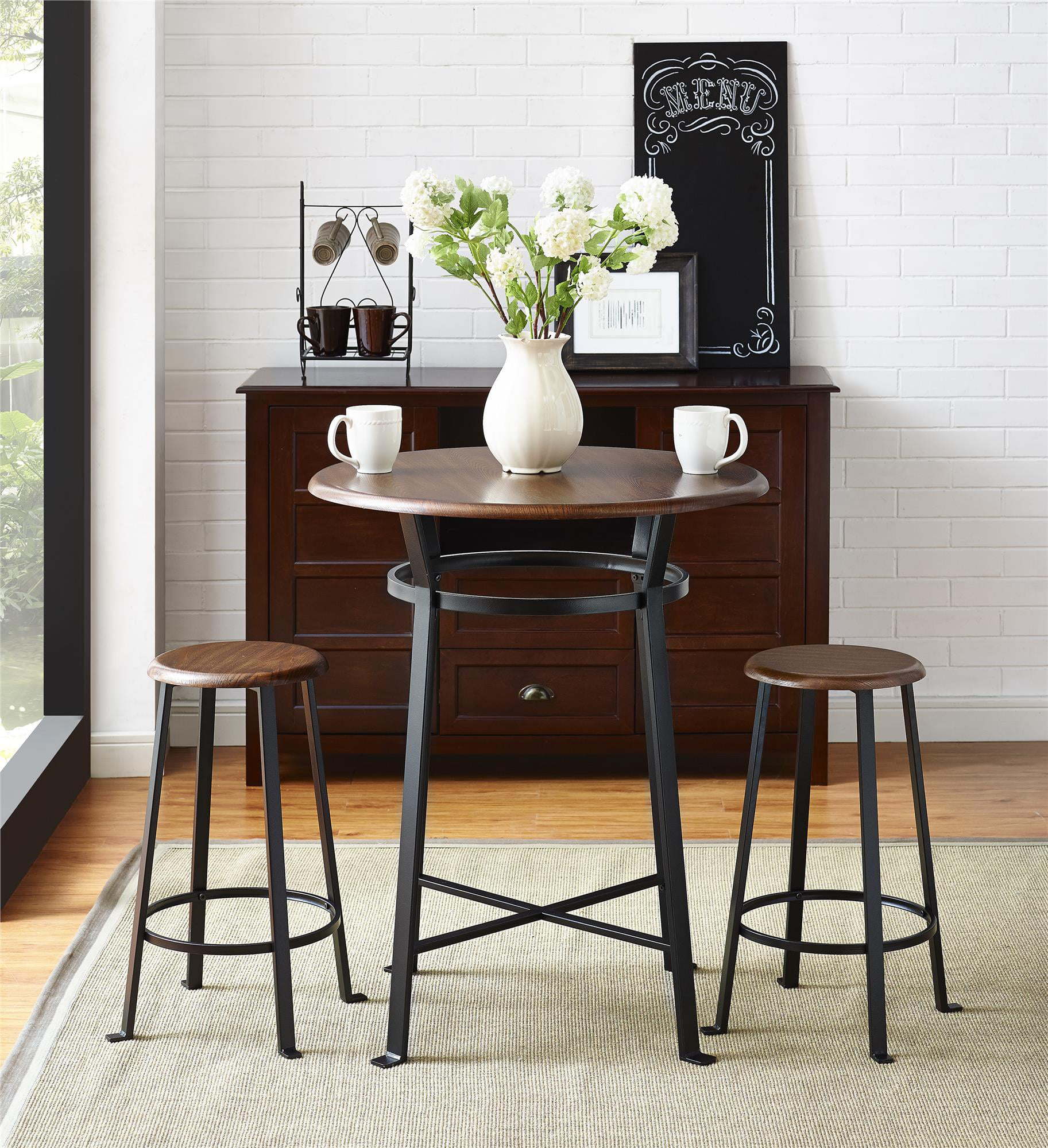 Round 3-Piece Metal Pub Set with Wooden Top, Dark Mahogany