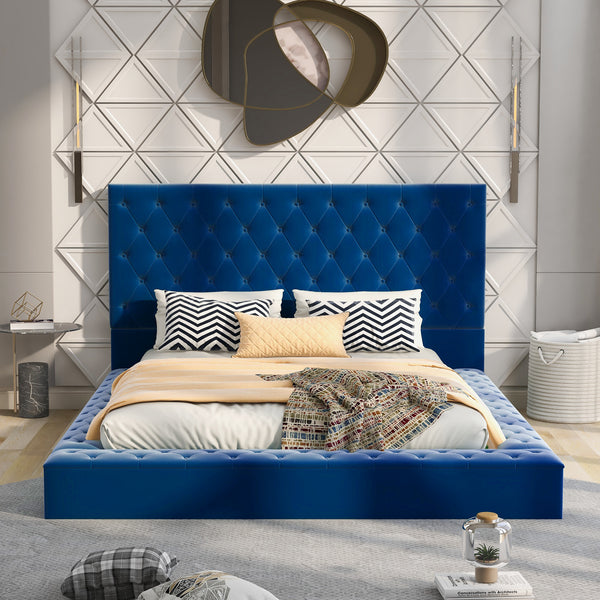 Queen Size Upholstery Low Profile Storage Platform Bed with Storage Space on both Sides and Footboard; Blue