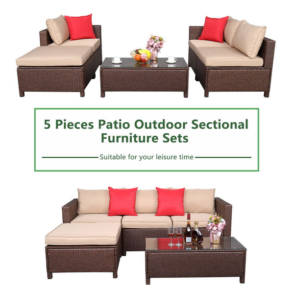 Outdoor 5-Piece Set patio furniture Sectional Sofa Sets All Weather Rattan Manual Wicker Conversation Set with Cushions and Table XH