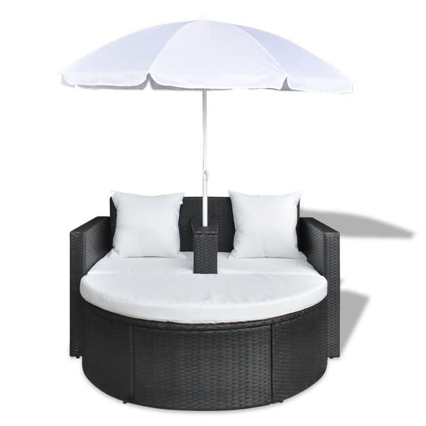 Garden Bed with Parasol Black Poly Rattan