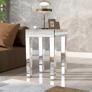 ON-TREND Fashionable Modern Glass Mirrored Side Table, Easy Assembly End Table with Crystal Design and Adjustable Height Legs, Silver