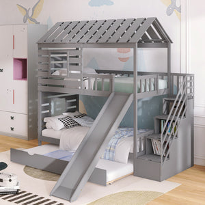 Twin over Twin House Bunk Bed with Trundle and Slide ; Storage Staircase; Roof and Window Design; Gray