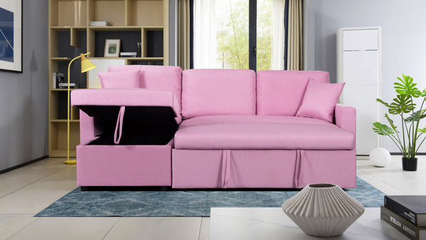 Paisley 82" Pink Linen Fabric Reversible Sleeper Sectional Sofa with Storage Chaise