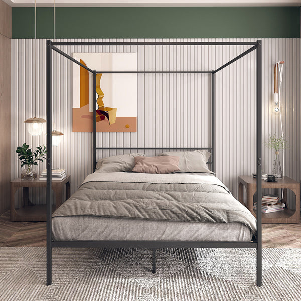 Canopy Bed Frame Queen Size Black Metal 4 Poster Modern Post Corner With Headboard, Black