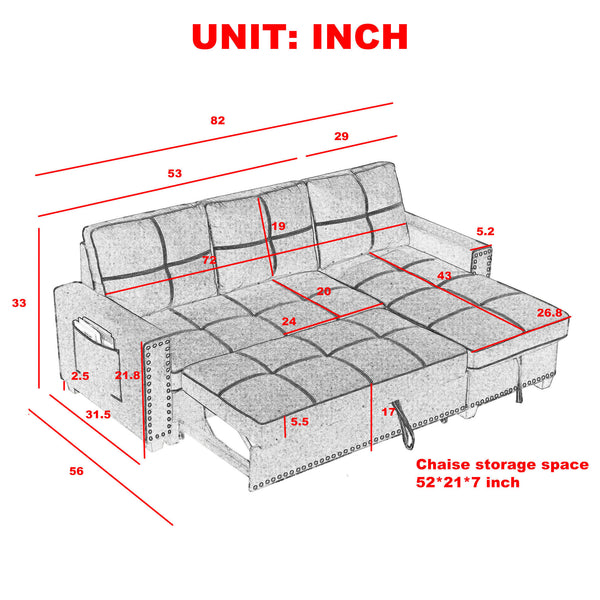 [Video] MH 82" Sleeper Sofa Bed Reversible Sectional Couch with Storage Chaise and Side storage bag for Living Room Furniture Set, silver rivets on both hands