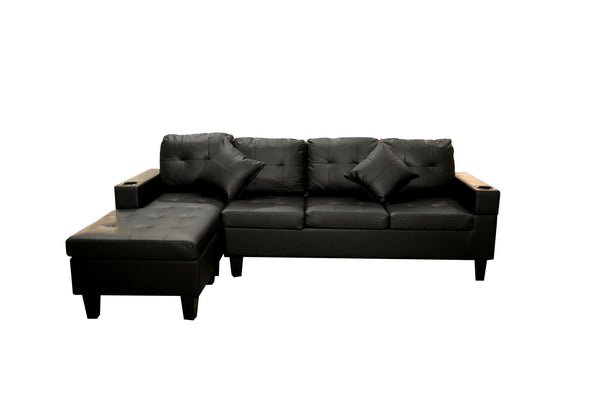 Sectional Sofa Set for Living Room with L Shape  Chaise Lounge ,cup holder and  Left or Right Hand Chaise  Modern 4 Seat (BLACK)