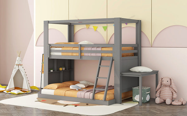 Twin Over Full Bunk Bed with Desk Storage Shelves.Reinforced Structure Bunk Beds Solid Wood Bed Frame for Kids Teens