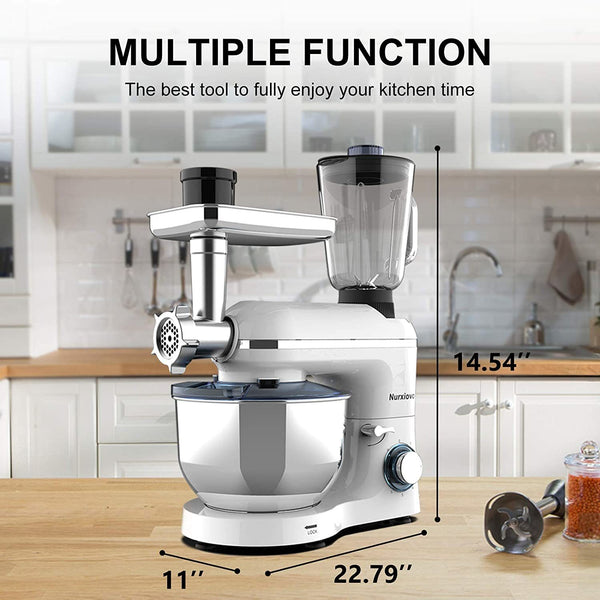 Nurxiovo 3 in 1 Stand Mixer, 850W 6.5QT Kitchen Food Mixer with Tilt-Head 6 Speed, Electric Standing Mixers with Dough Hook, Whisk, Beater, Meat Blender and Juice Extracter, Silver