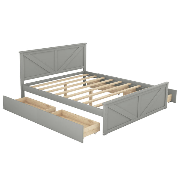 Queen Size Wooden Platform Bed with Four Storage Drawers and Support Legs