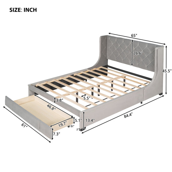 Queen Size Storage Bed Velvet Upholstered Platform Bed with Wingback Headboard and a Big Drawer