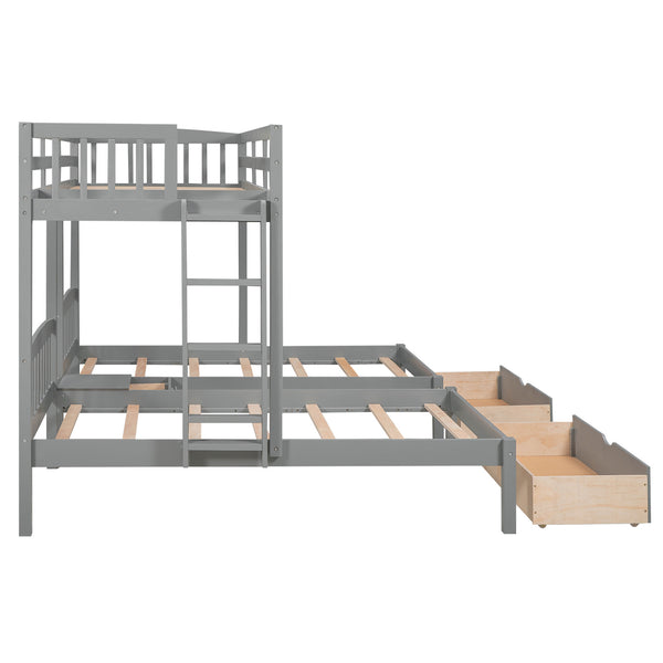 Twin over Twin & Twin Bunk Bed with Two Drawers and Built-in Middle Drawer