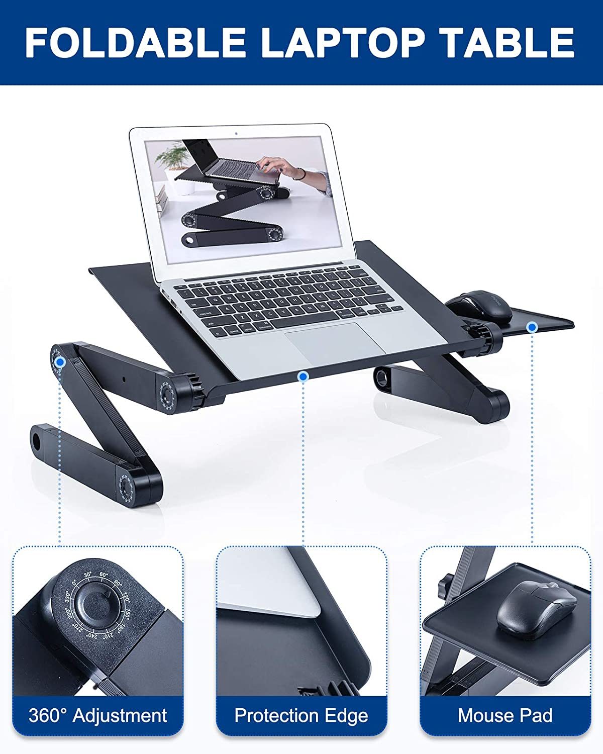 Adjustable Laptop Desk, RAINBEAN Laptop Stand for Bed Portable Lap Desk Foldable Table Workstation Notebook Riser with Mouse Pad, Ergonomic Computer Tray Reading Holder Bed Tray Standing Desk