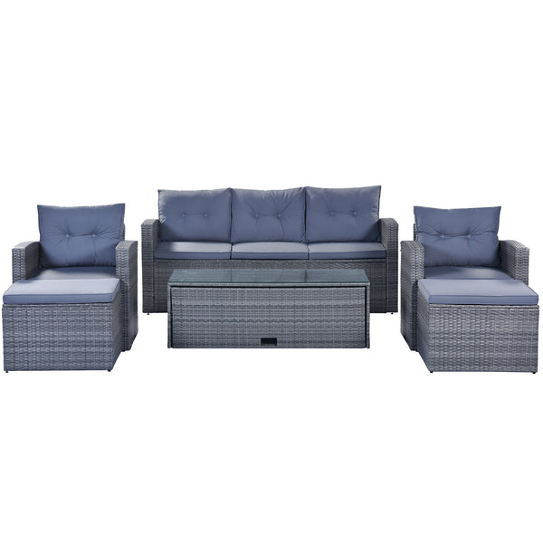 6-piece All-Weather Wicker PE rattan Patio Outdoor Dining Conversation Sectional Set with coffee table, wicker sofas, ottomans, removable cushions