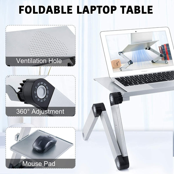 Adjustable Laptop Desk, RAINBEAN Laptop Stand for Bed Portable Lap Desk Foldable Table Workstation Notebook Riser with Mouse Pad, Ergonomic Computer Tray Reading Holder Bed Tray Standing Desk