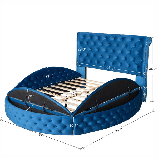 Full Size Round Shape Upholstery Low Profile Storage Platform Bed with Storage Space on both Sides and Footboard; Blue