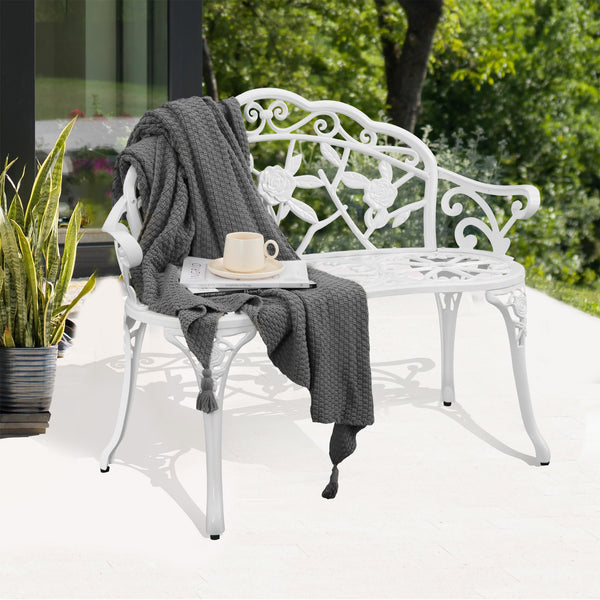 Patio Outdoor Bench; White Cast-Aluminum Garden Benches Metal Loveseat Outdoor Furniture for Park Lawn Front Porch