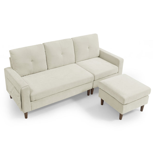 80' Convertible Sectional Sofa Couch;  3 Seats L-shape Sofa with Removable Cushions and Pocket;  Rubber Wood Legs