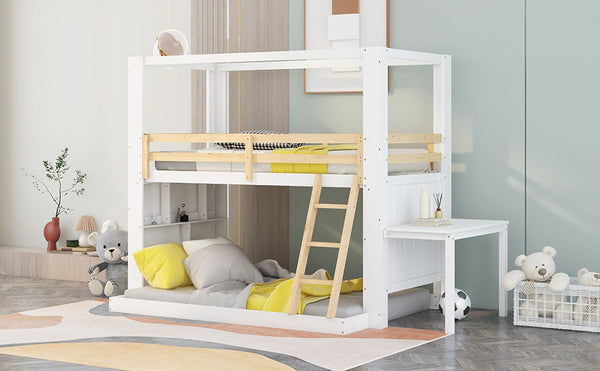 Twin Over Full Bunk Bed with Desk Storage Shelves.Reinforced Structure Bunk Beds Solid Wood Bed Frame for Kids Teens