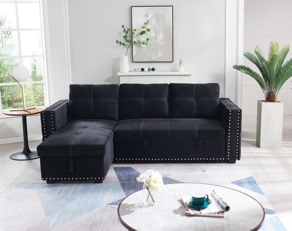 Sectional sofa with pulled out bed; 2 seats sofa and reversible chaise with storage; both hands with copper nail; BLACK; (91&quot; x 64&quot; x 37&quot;)