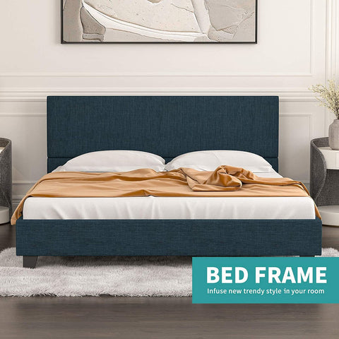 mecor Upholstered Linen Platform Bed Frame | Queen Bed Frame with Fabric Headboard / Strong Wood Slats Support / Easy Assembly - Queen Size in Blue Cloth--YS