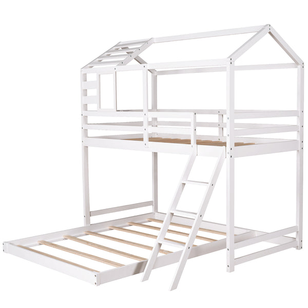 Twin over Full House Bunk Bed with Ladder and Window,Full-Length Guardrail