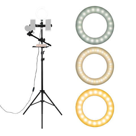 6.3" Selfie Ring Light with Tripod Stand & Double Cell Phone Holder & Mic Stand & Multi-function Plate for Live Stream / Makeup Compatible with iPhone and Android Smartphone