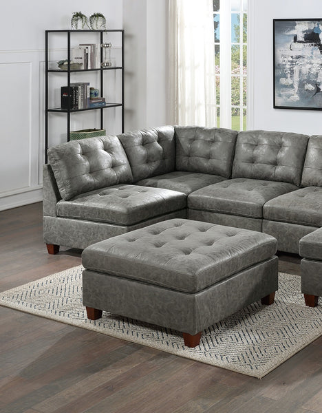 Living Room Furniture Antique Grey Modular Sectional 7pc Set Breathable Leatherette Tufted Couch 2x Corner Wedge 4x Armless Chairs and 1x Ottoman U-Shaped