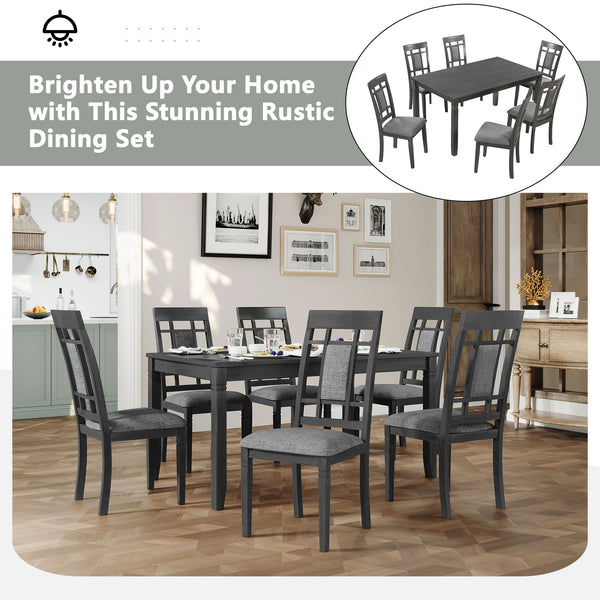 7-Piece Farmhouse Rustic Wooden Dining Table Set Kitchen Furniture Set with 6 Padded Dining Chairs