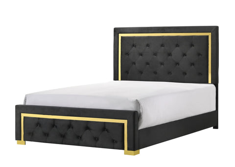 Contemporary Glam King Black Fabric Upholstered Panel 1pc Queen Bed Black Fabric Gold Legs Bedroom Furniture