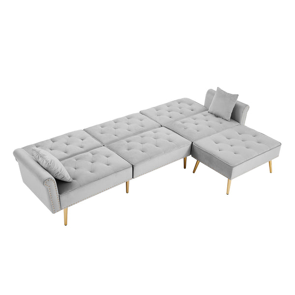 Modern Velvet Upholstered Reversible Sectional Sofa Bed ; L-Shaped Couch with Movable Ottoman and Nailhead Trim For Living Room. (Light Grey)