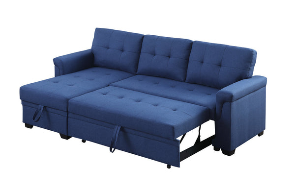 Lucca 84" Blue Linen Reversible Sleeper Sectional Sofa with Storage Chaise