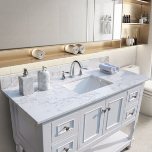 43''x22" bathroom stone vanity top engineered stone carrara white marble color with rectangle undermount ceramic sink and 3 faucet hole with back splash