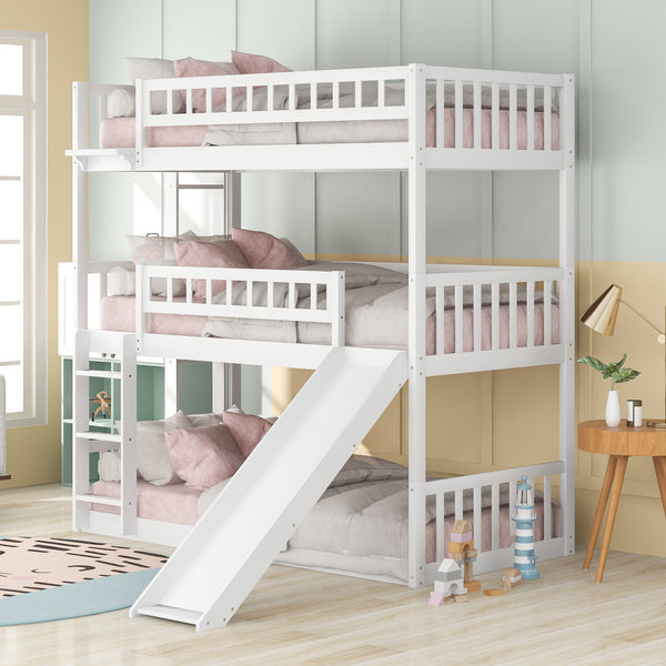 Twin-Over-Twin-Over-Twin Triple Bed with Built-in Ladder and Slide ; Triple Bunk Bed with Guardrails; White