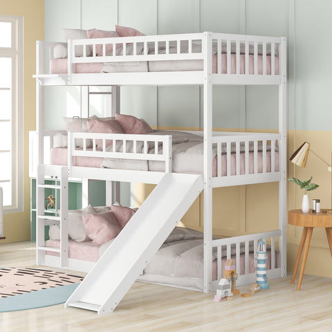 Twin-Over-Twin-Over-Twin Triple Bed with Built-in Ladder and Slide ; Triple Bunk Bed with Guardrails; White