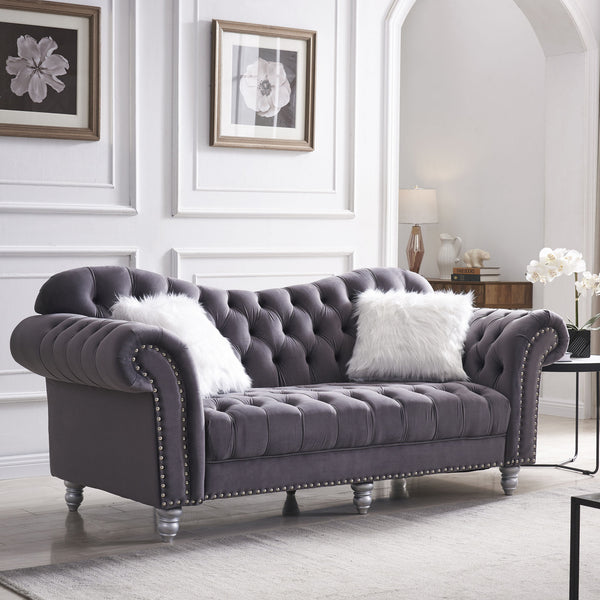 3 Piece Living Room Sofa Set, including 3-Seater Sofa, Loveseat and Sofa Chair, with Button and Copper Nail on Arms and Back, Five White Villose Pillow, Grey.