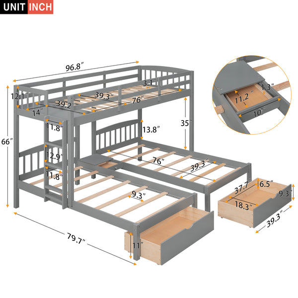 Twin over Twin & Twin Bunk Bed with Two Drawers and Built-in Middle Drawer